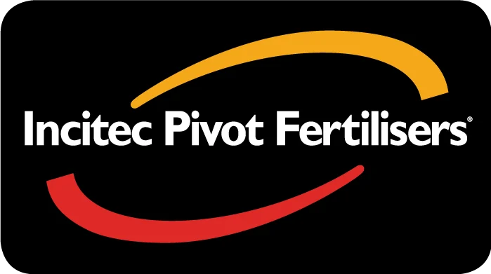 Incitec Pivot Fertilisers logo with white text and yellow and red curved swooshes on a black background