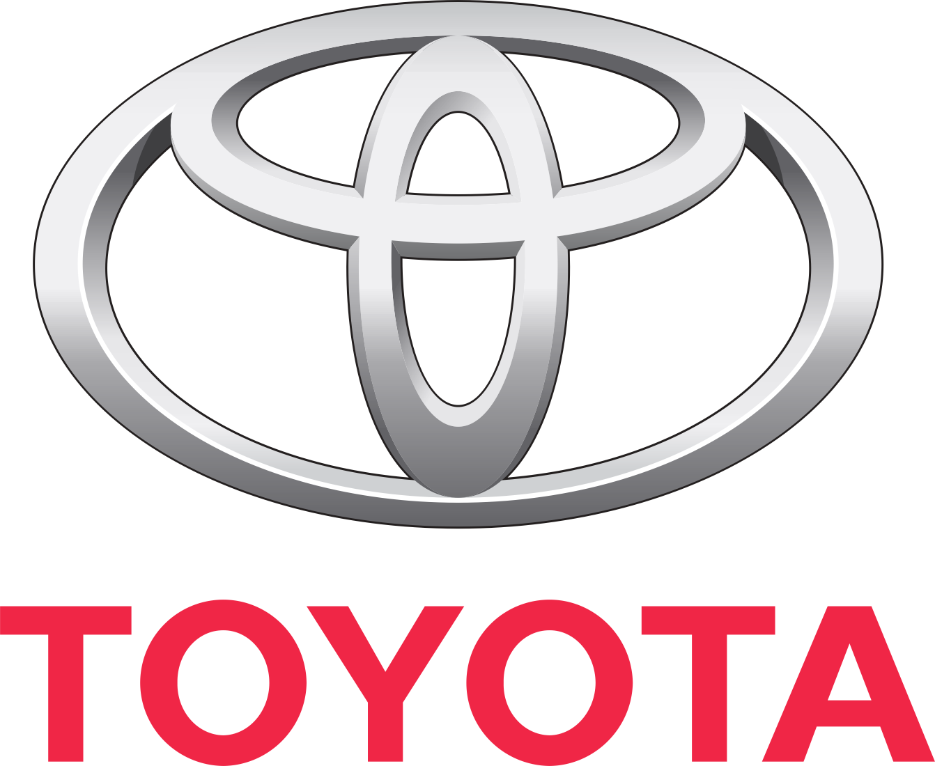 Toyota logo: chrome interlocking oval emblem with bold red TOYOTA text underneath (brand logo).