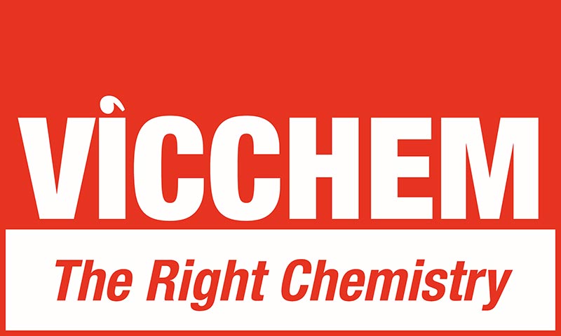 Vichem logo on a red background with the slogan 'The Right Chemistry' in a white banner