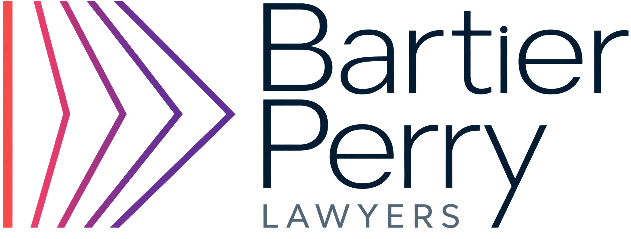 Bartier Perry Lawyers logo with gradient chevrons on the left and dark blue wordmark on the right.