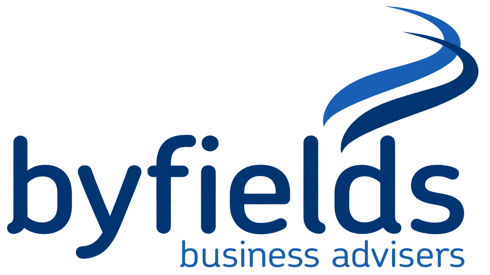 Byfields business advisers logo with blue wordmark and curved ribbon swoosh above.