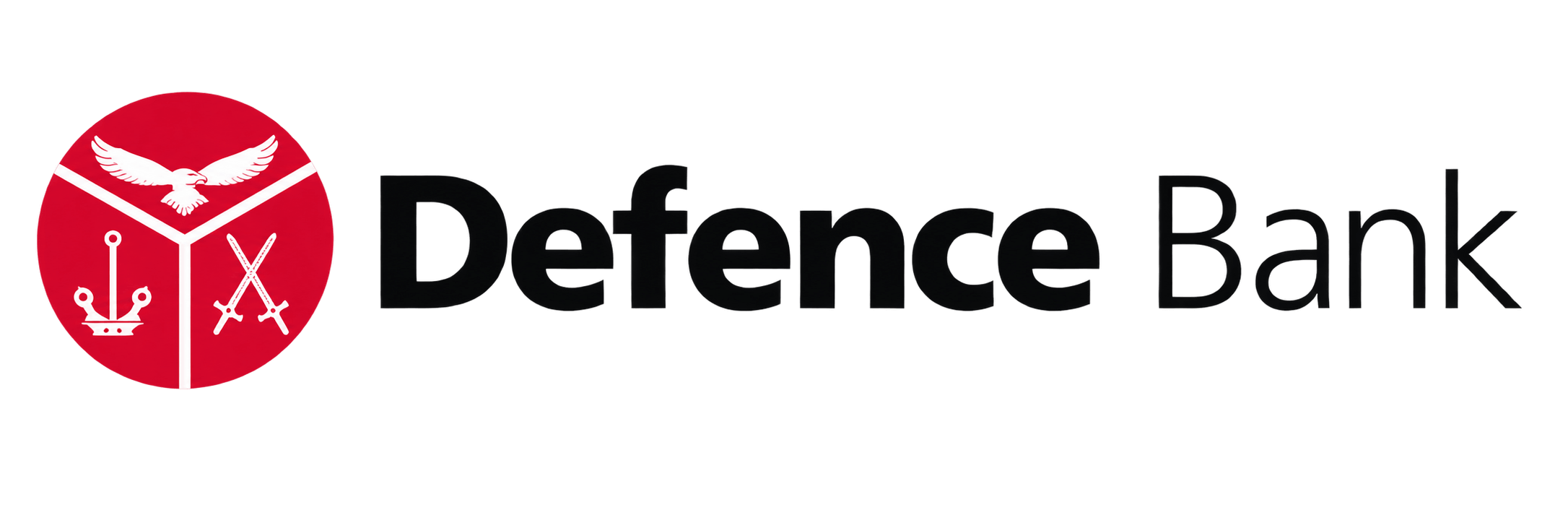 Defence Bank logo: red round crest with a white eagle, crown and swords, next to the black wordmark 'Defence Bank'.