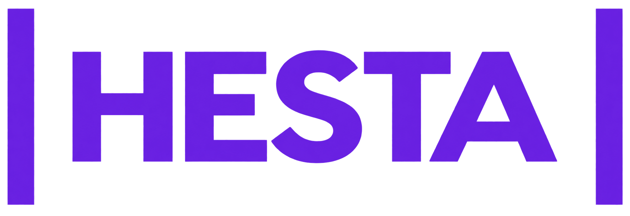 HEESTA logo: bold purple wordmark with tall vertical bars on each side.