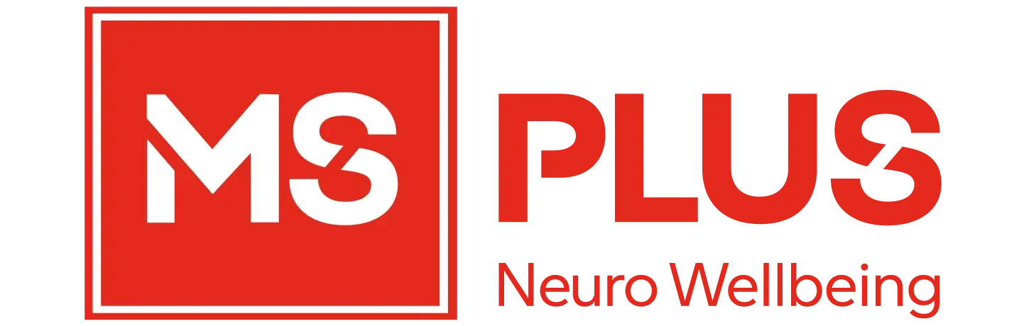 MS Plus Neuro Wellbeing logo: red square emblem with white 'MS', then bold 'PLUS' and 'Neuro Wellbeing' text