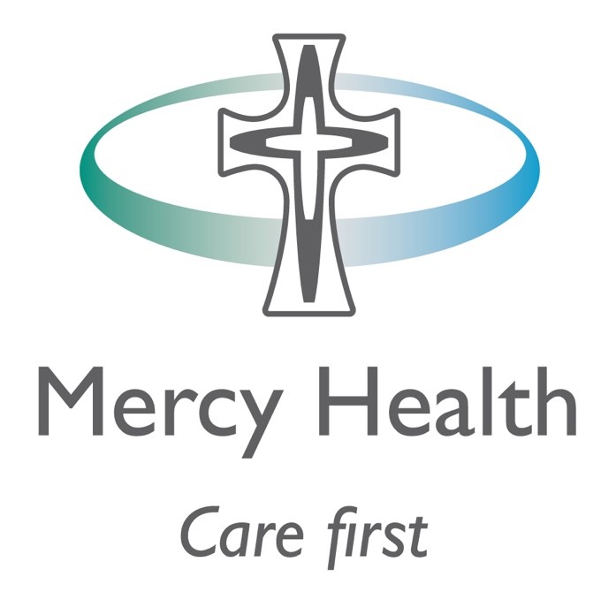 Mercy Health logo: gray cross inside an oval teal-to-blue ring, with the words 'Mercy Health' and the slogan 'Care first'.