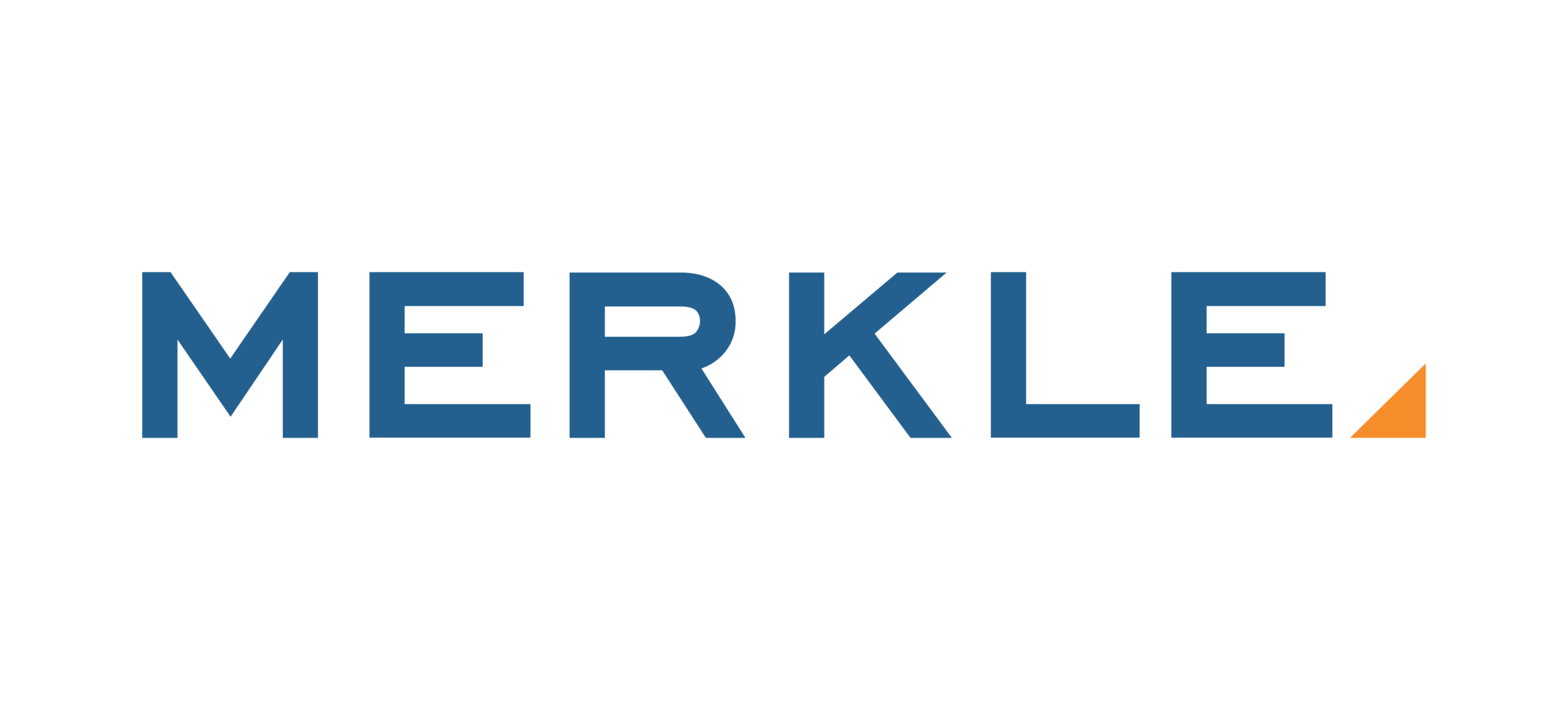 Merkle logo: blue wordmark with an orange triangle at the end on a black background