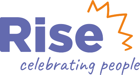 Rise logo: bold purple wordmark with an orange zigzag accent and the tagline 'celebrating people' in cursive below.