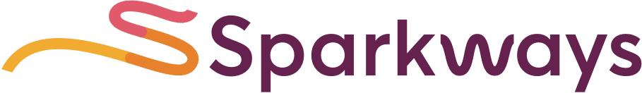 Sparkways logo: orange-pink swoosh to the left of purple 'Sparkways' text on a green background.