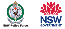 Two logos side by side: the circular emblem of the Royal Malaysian Police on the left and a red-top, blue-bottom square logo on the right with a white jagged line between colors.