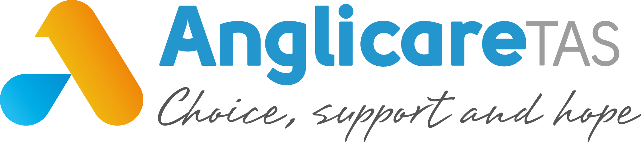 Analicare TAS logo: blue wordmark with an orange-blue abstract icon and the slogan 'Choice, support and hope' in script.