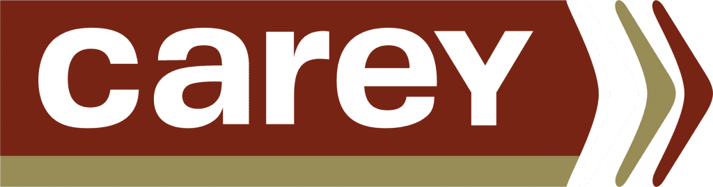 Carey logo: white 'carey' text on a dark red background with multicolored chevrons to the right and a tan bottom stripe.