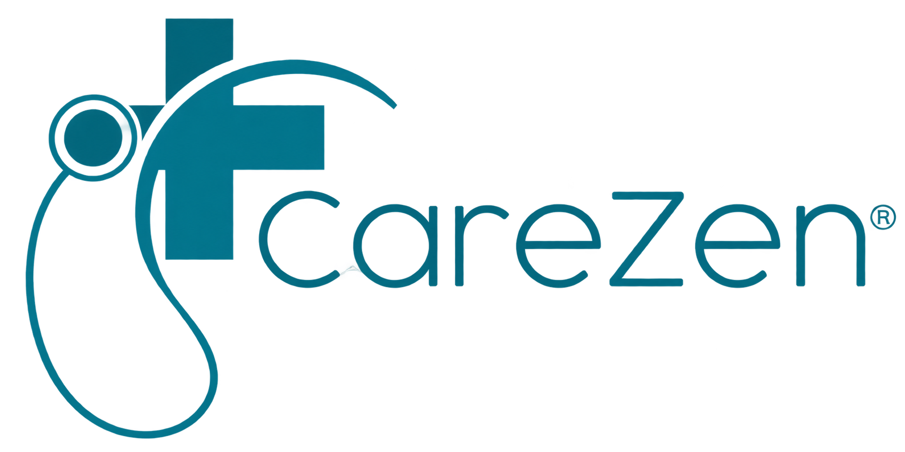 CareZen logo featuring a teal medical cross and a circular-stethoscope motif on the left of the text