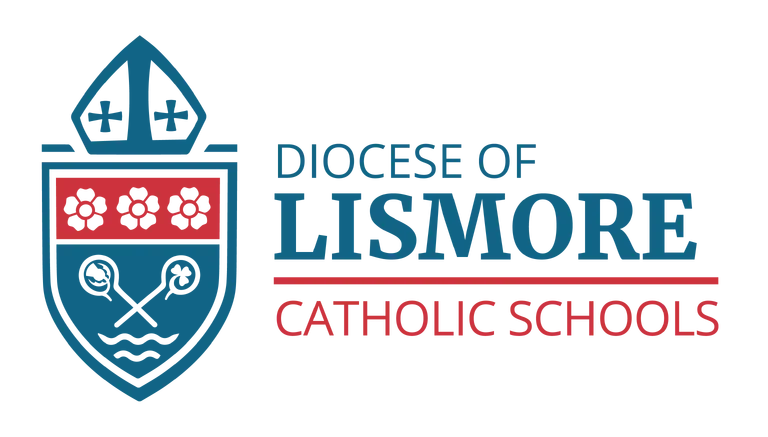 Diocese of Lismore Catholic Schools logo with a blue shield crest and stacked blue and red text patternside-by-side design.