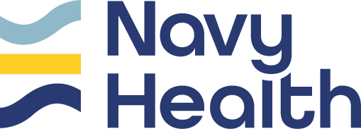 Navy Health logo: blue text 'Navy Health' with light blue and dark blue wave icons on the left.