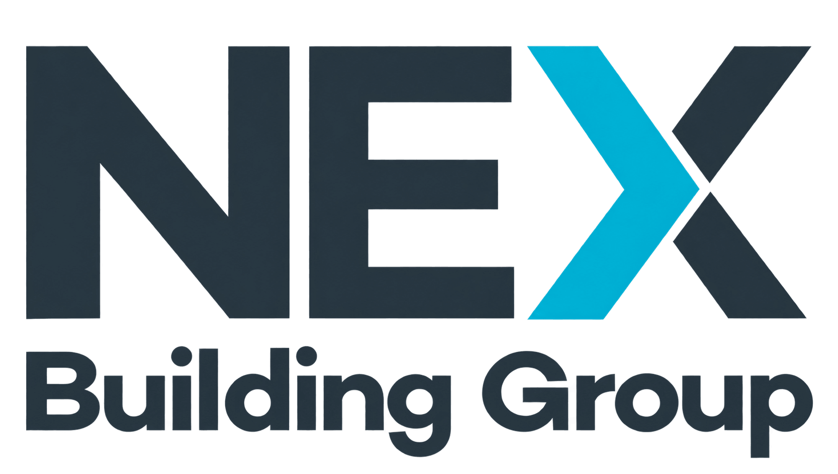 NEX Building Group logo with bold navy letters and a bright blue diagonal cross forming the X.