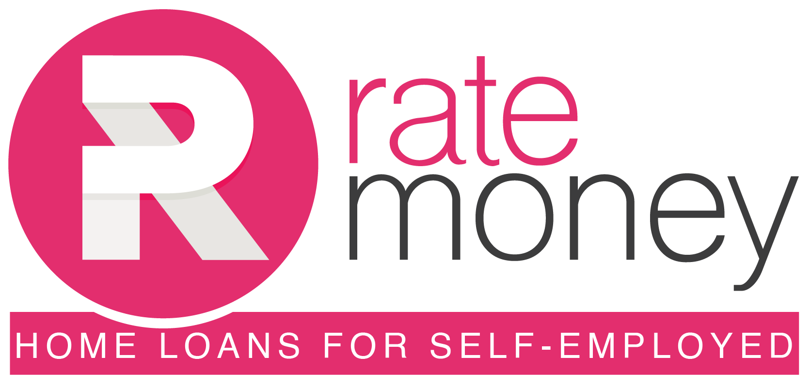 Logo for RateMoney: pink circle with white 'R', 'rate money' text, and a pink banner reading 'HOME LOANS FOR SELF-EMPLOYED'.