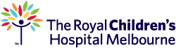 Logo for The Royal Children's Hospital Melbourne featuring a stylized, multicolored tree with a sun motif to the left and the hospital name in blue text to the right.