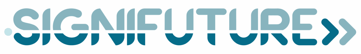 Logo showing the word SIGNATURE in overlapping blue letters on teal background, ending with a right-pointing chevron.