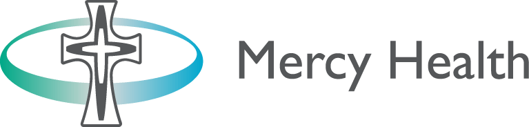 Mercy Health logo featuring a black-and-white cross inside a teal oval, with 'Mercy Health' text.