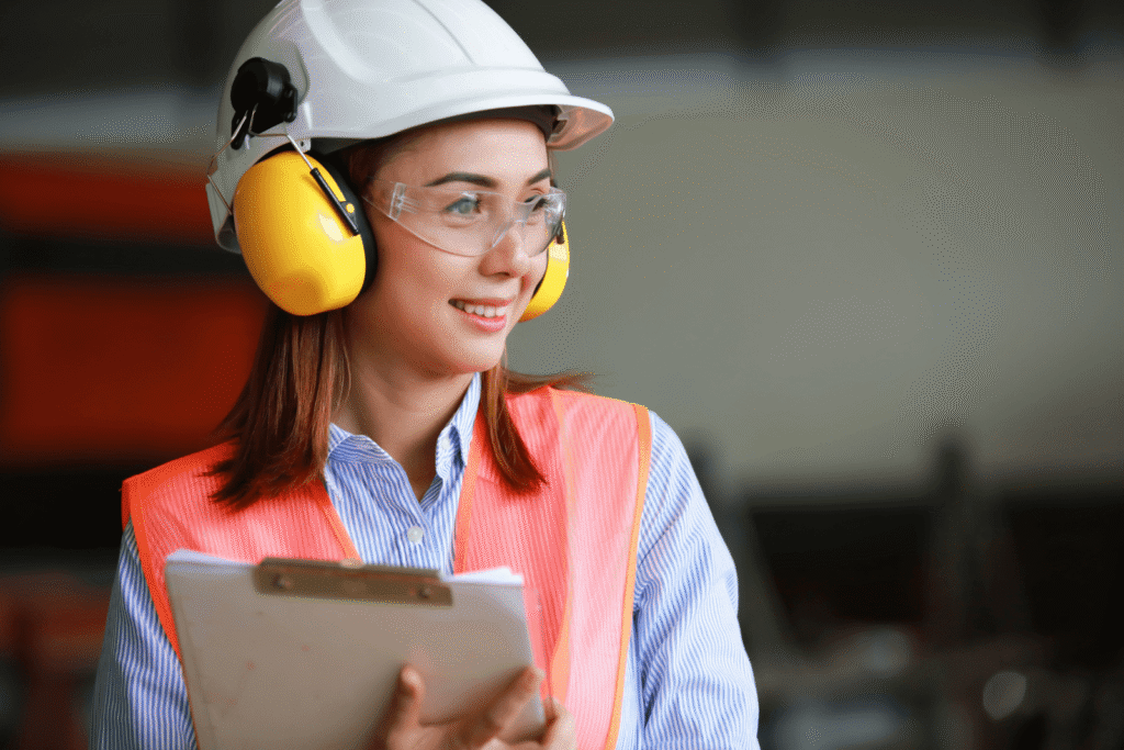 Female industrial worker wearing a white hard hat, clear safety goggles, yellow earmuffs, and an orange reflective vest, holding a clipboard in a workshop setting.