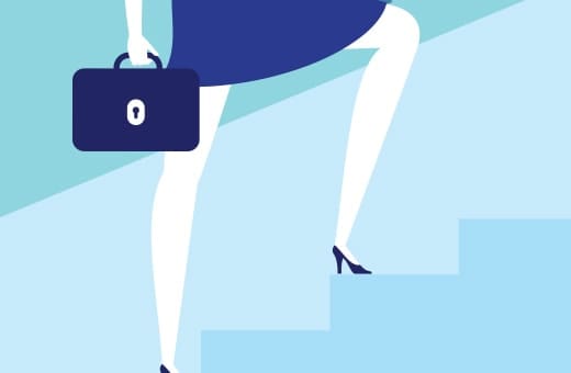 Person in a blue skirt and heels climbs light-blue stairs while holding a dark briefcase with a white padlock on it, symbolizing security.