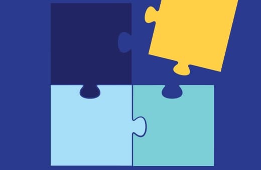 Abstract illustration of four puzzle pieces coming together to form a square on a blue background.