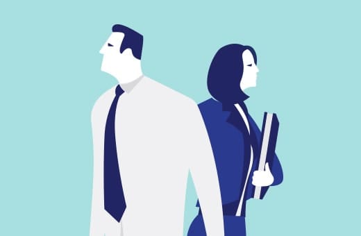 Two business professionals stand back-to-back against a teal background; man in a white shirt and dark tie, woman in a blue suit holding a folder.