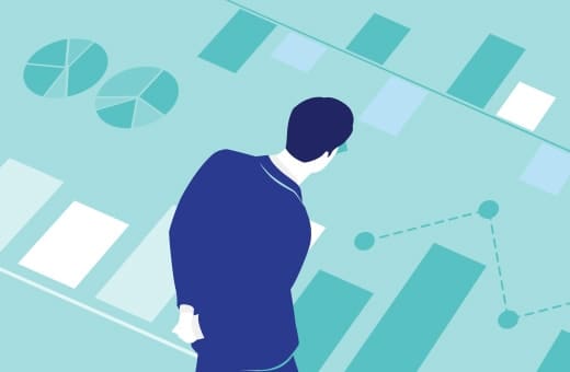 Abstract illustration of a person in blue examining a data dashboard with bar charts, pie charts, and connected data points.