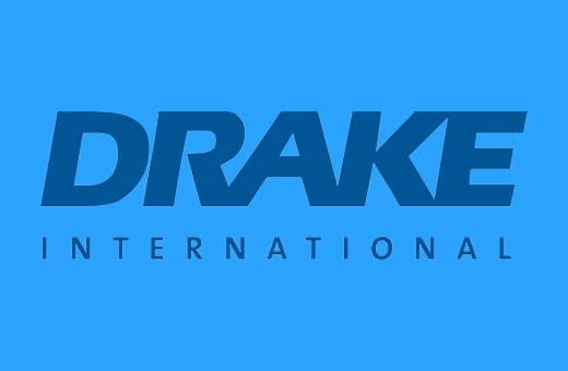 Drake International logo in dark blue on a bright blue background.