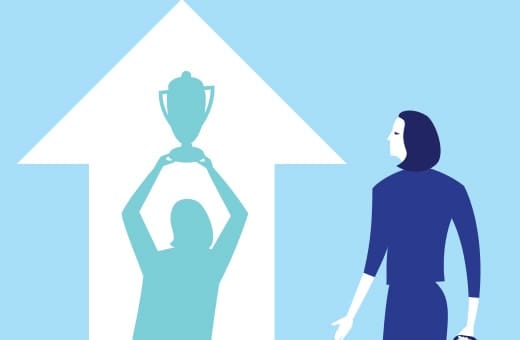 A person raises a trophy inside a white upward arrow, symbolizing victory or achievement, with another figure nearby against a blue background.