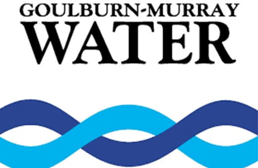 Goulburn-Murray Water logo with bold WATER text and intertwined blue wave motif.