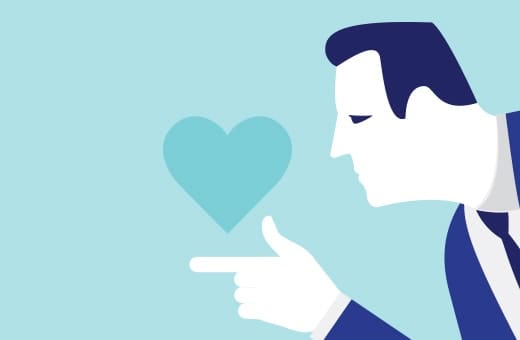 Illustration of a person in blue pointing at a floating heart, symbolizing love or care.
