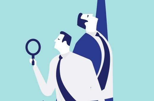 Two businesspeople in suits, one holding a magnifying glass, looking up as if investigating.