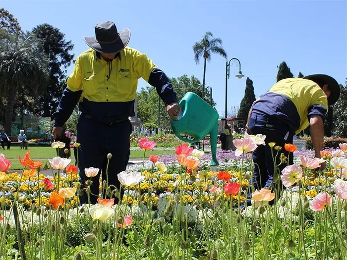 Two park workers in yellow shirts and hats water a flower bed filled with pink, orange, and white blooms during a sunny day in the park.