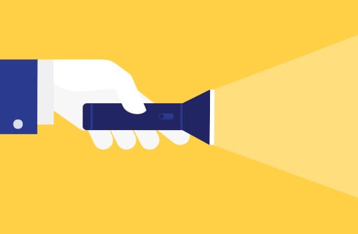 Illustration of a white hand gripping a blue flashlight, casting a beam of light to the right on a yellow background.