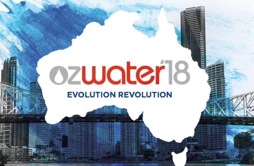 Ozwater 2018 branding: white silhouette of Australia over a blue city skyline, with the text 'Ozwater18' and the tagline 'EVOLUTION REVOLUTION'.