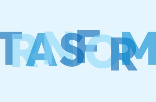 Overlapping blue letters spell 'TRANSFORM' on a pale blue background.