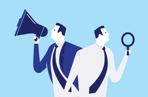 Two businesspeople in suits back-to-back: one speaks into a megaphone while the other holds a magnifying glass, symbolizing communication and inspection in the workplace.