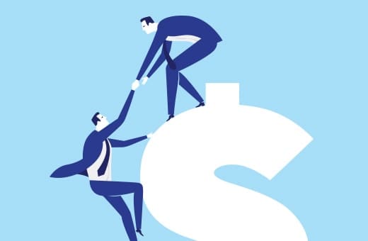 Two businesspeople helping each other climb a large white dollar sign on a blue background, symbolizing financial teamwork.