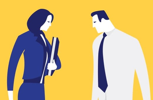 Two business professionals talking: a woman in blue holding folders and a man in a white shirt and tie, against a yellow background.
