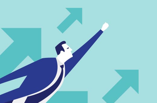 Stylized businessman in a blue suit flying upward among teal arrows, symbolizing growth and progress.