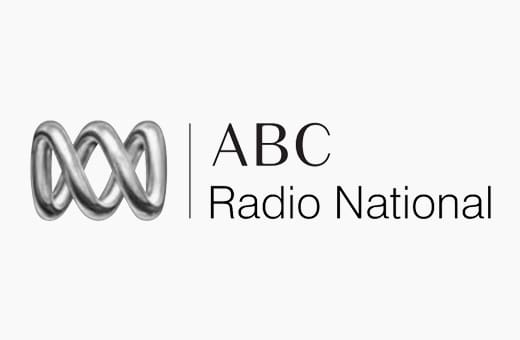ABC Radio National logo featuring an intertwined metallic loop graphic next to the text 'ABC Radio National'