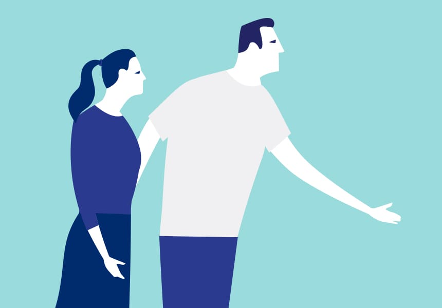 Vector illustration of a man leading with an outstretched arm while a woman follows, on a teal background.