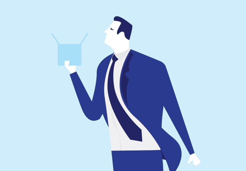 Stylized businessman in a blue suit lifts an open box, symbolizing thinking outside the box.