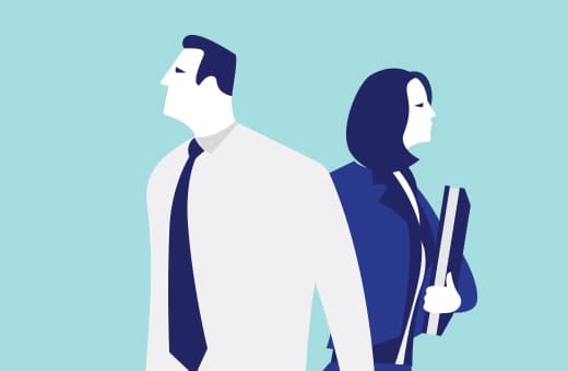 Two professionals, a man and a woman, stand back-to-back in business attire against a teal background, suggesting teamwork or tension.