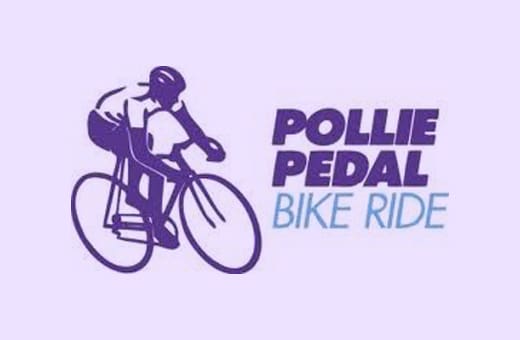 Pollie Pedal Bike Ride logo featuring a purple cyclist icon beside the event name in bold purple and light-blue letters.