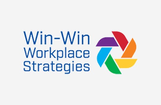 Logo for Win-Win Workplace Strategies with blue text on the left and a multicolored circular arrow icon on the right.